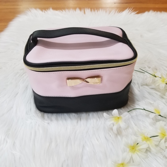 Victoria's Secret Handbags - VICTORIA'S SECRET Black And Pink Makeup And Cosmetic Bag With Gold Metal Bow.